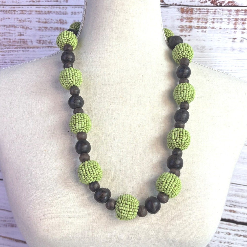 Boho Eclectic Vintage Chunky Bead Necklace Green Brown Wood Glass Statement Bold